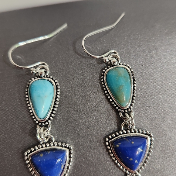 Silver Plated With Lapis Lazuli & Turquoise Dangle Earrings - Picture 9 of 11